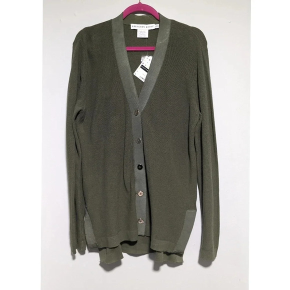 Gretchen Scott Grosgrain Heaven Hi-Lo Cardigan in Olive - Picture 2 of 8